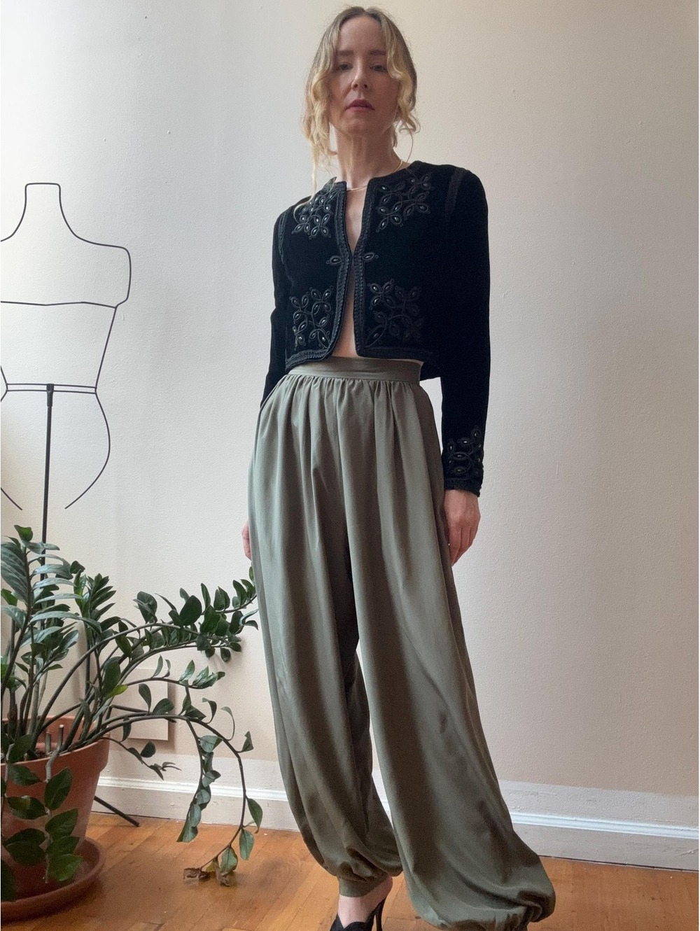 Vintage 1980s Olive Green Silk Balloon Pants